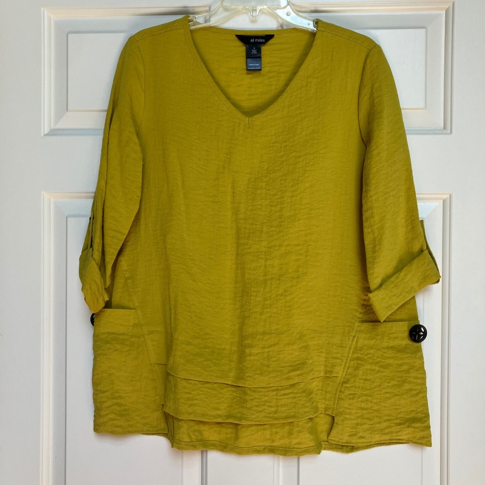 Ali Miles Women's Chartreuse Yellow V-Neck 3/4 Sleeve Layered Tunic Top Small S